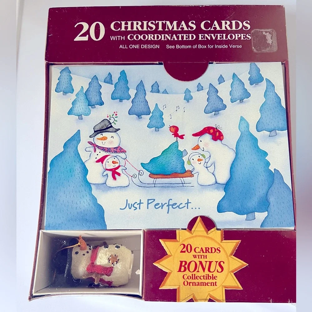 Twenty Vintage Christmas Cards Showing a Snow Person Family in the Snow.